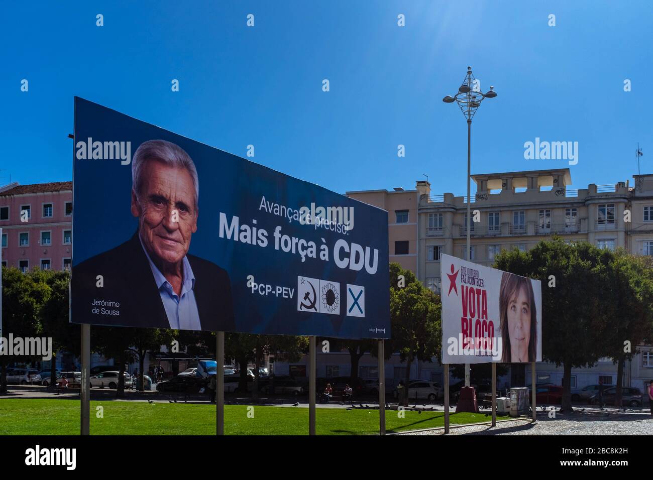 Political parties posters for 6th October, 2019, elections with party slogans 'Moving forward is necessary. Stronger with CDU.' and 'Make it happen.' Stock Photo