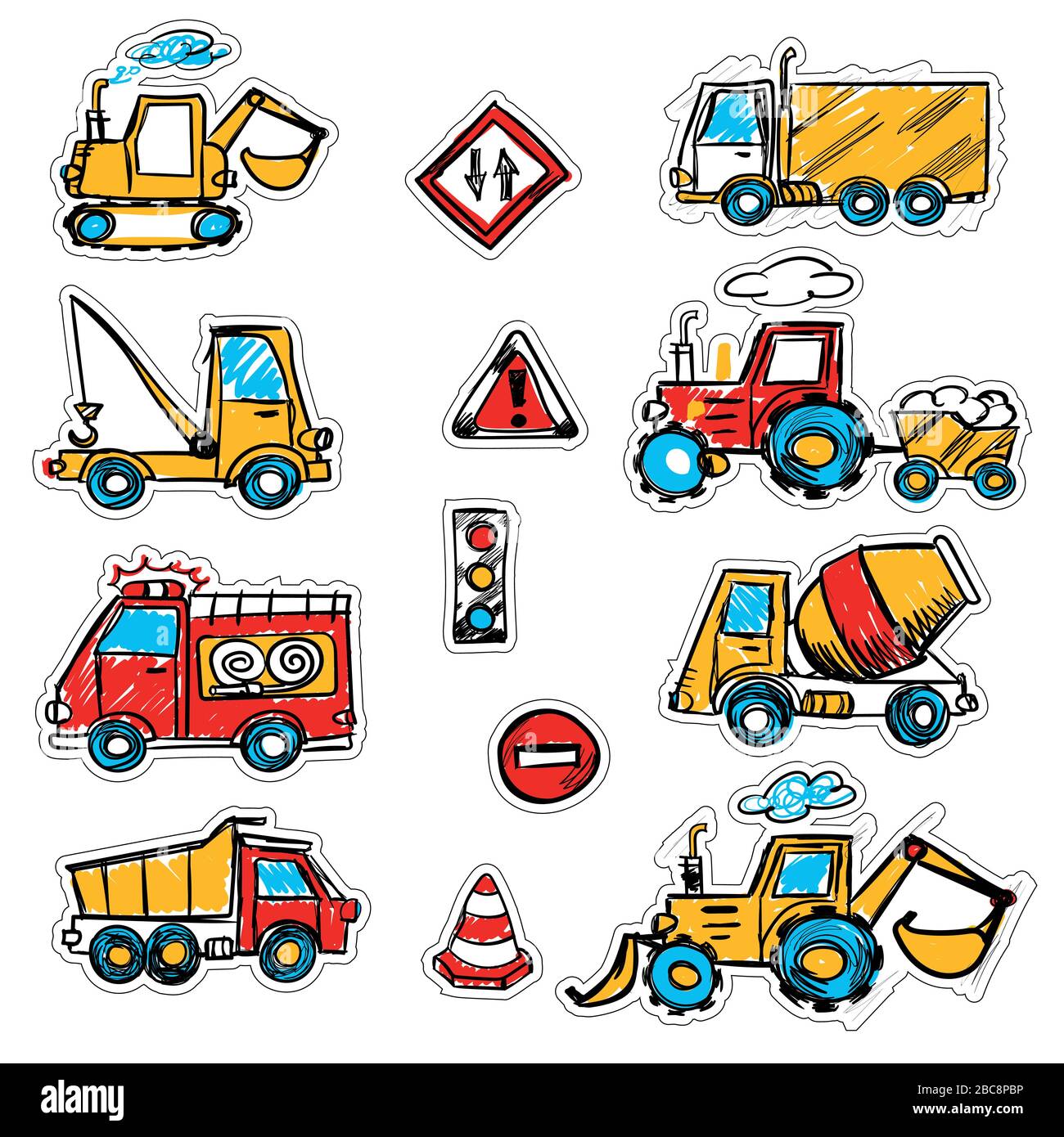 cartoon colored machines. concrete mixer, crane, dump truck , bulldozer, signs. stickers with a cutting outline, on a white isolated background Stock Vector