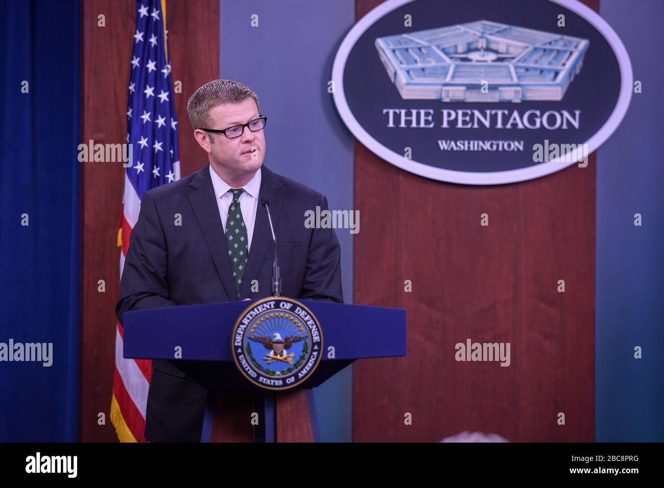 U.S. Secretary of the Army Ryan D. McCarthy, briefs reporters on the COVID-19 pandemic at the Pentagon March 20, 2020 in Arlington, Virginia. Stock Photo