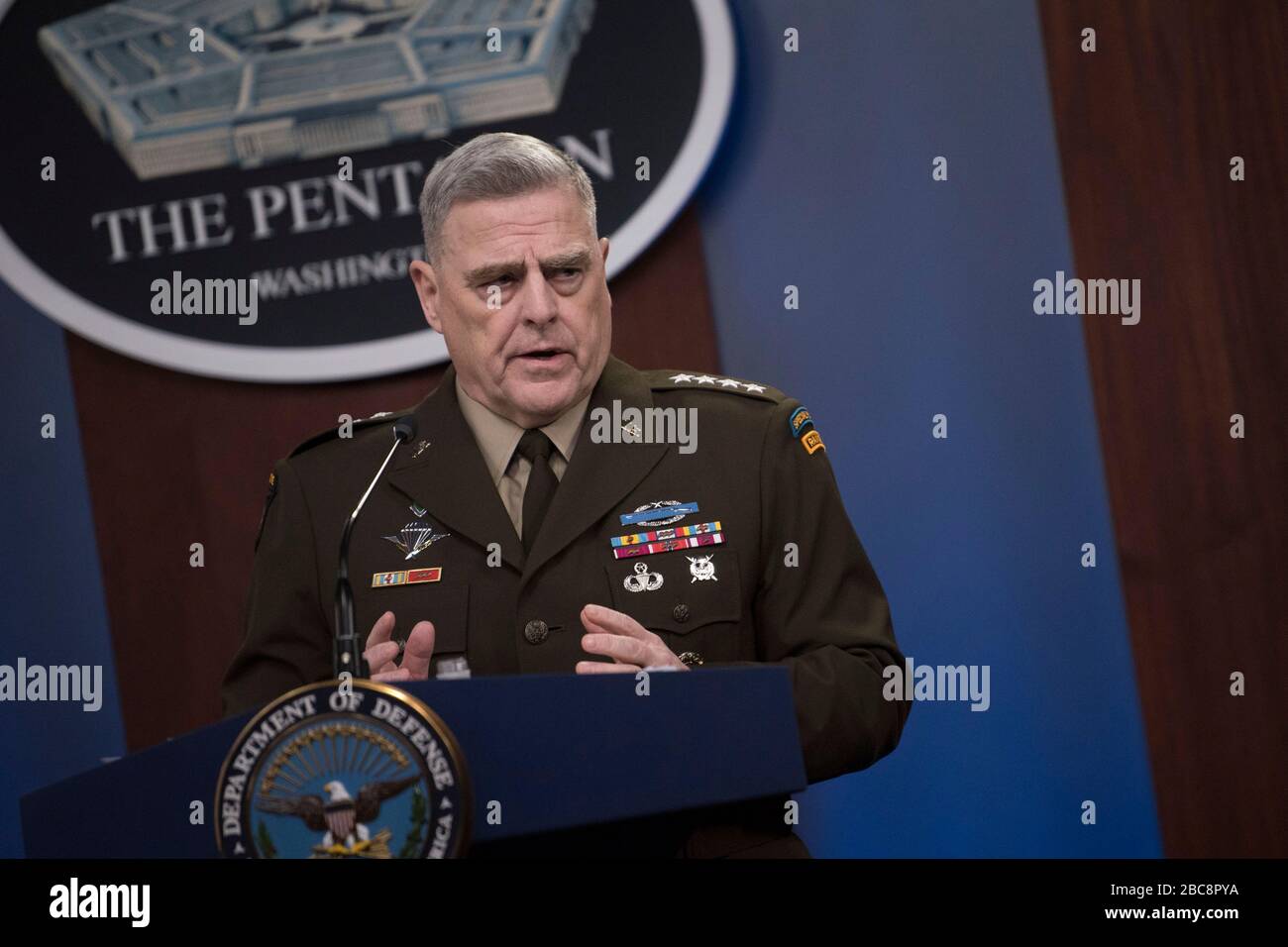 U.S. Chairman of the Joint Chiefs of Staff Army Gen. Mark A. Milley, briefs reporters on the COVID-19 pandemic at the Pentagon March 27, 2020 in Arlington, Virginia. Stock Photo