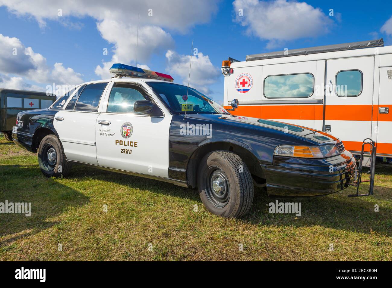 KRONSHTADT, RUSSIA - SEPTEMBER 14, 2019: Classic American police car Ford Crown Victoria Police Interceptor close-up. Member of the retro transport fe Stock Photo