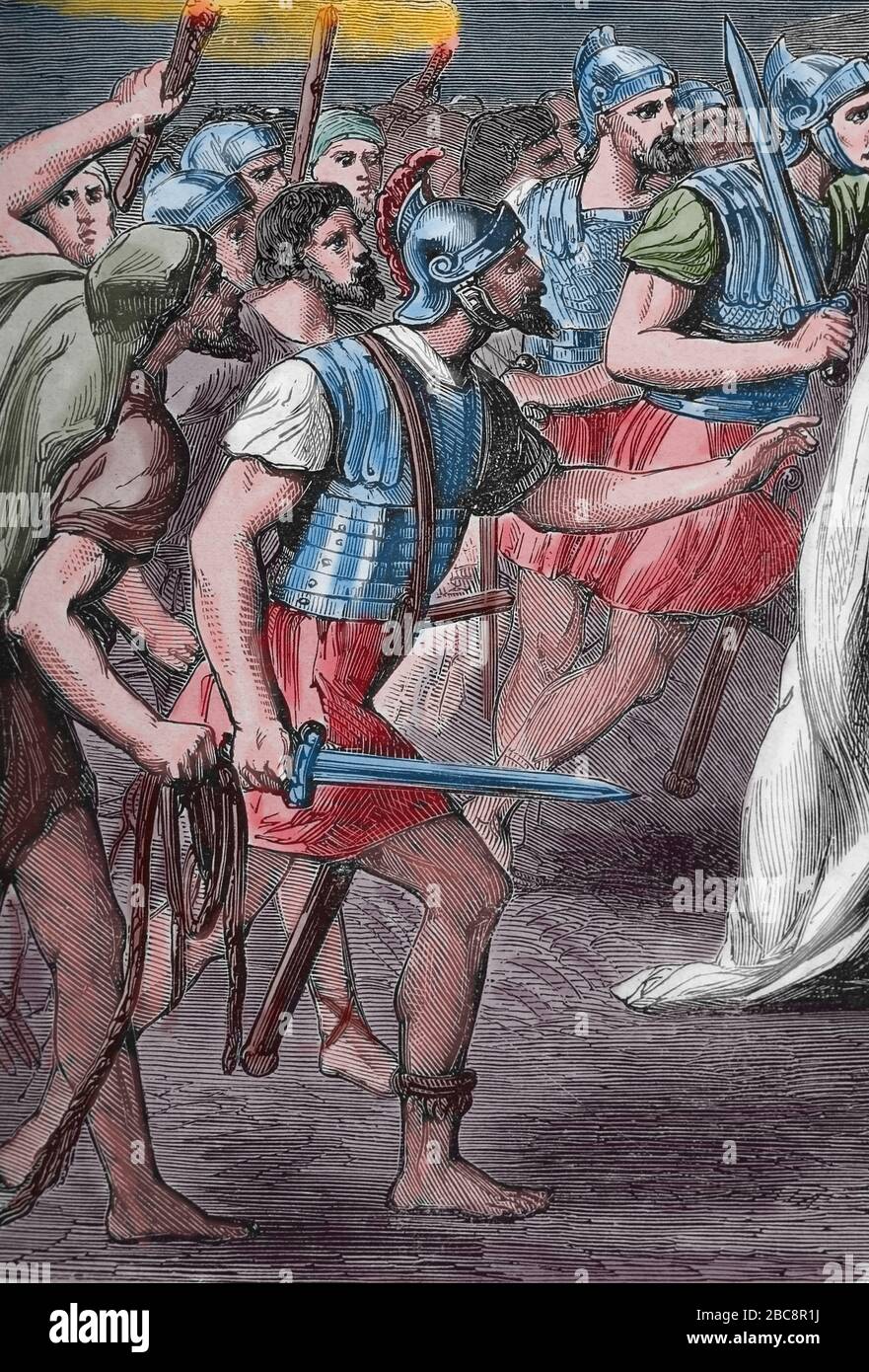 The arrest of Jesus in the Garden of Gethsemane. Detail of a roman soldier. Engraving. Holy Bible, 19th century. Stock Photo