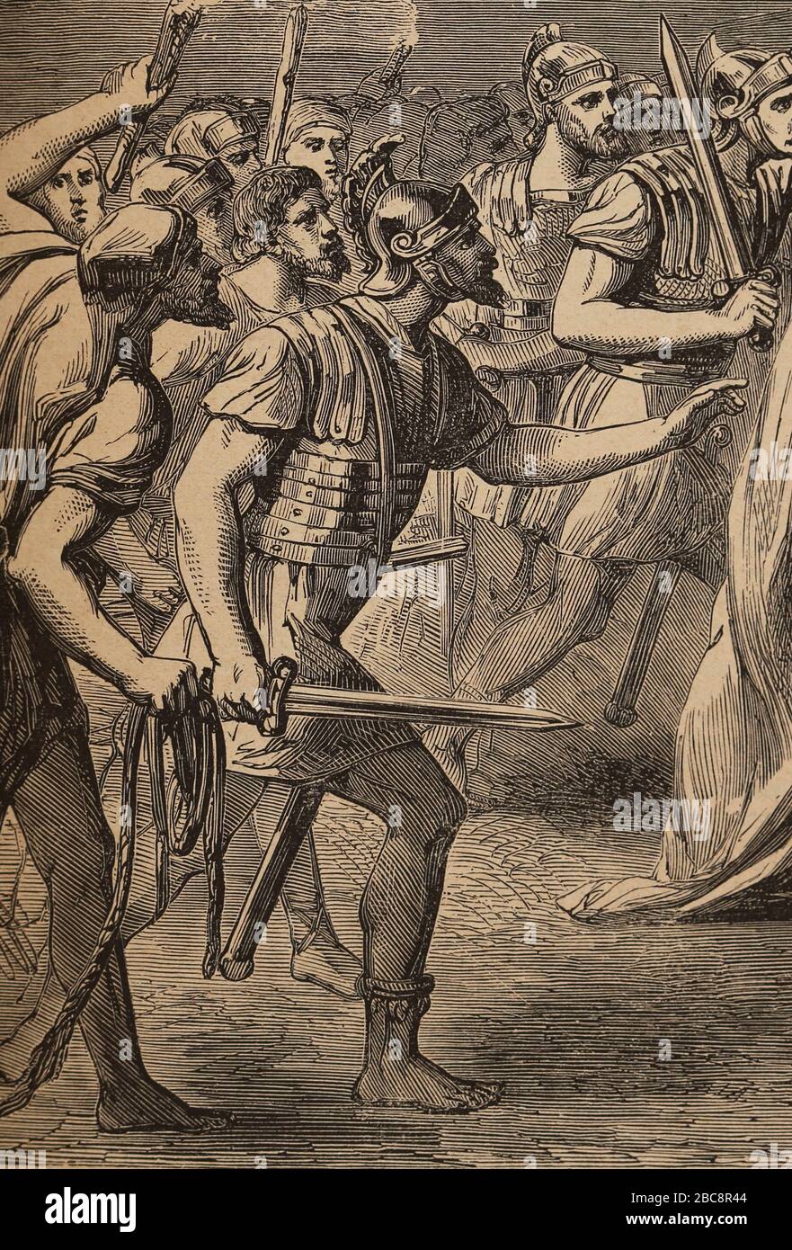 The arrest of Jesus in the Garden of Gethsemane. Detail of a roman soldier. Engraving. Holy Bible, 19th century. Stock Photo