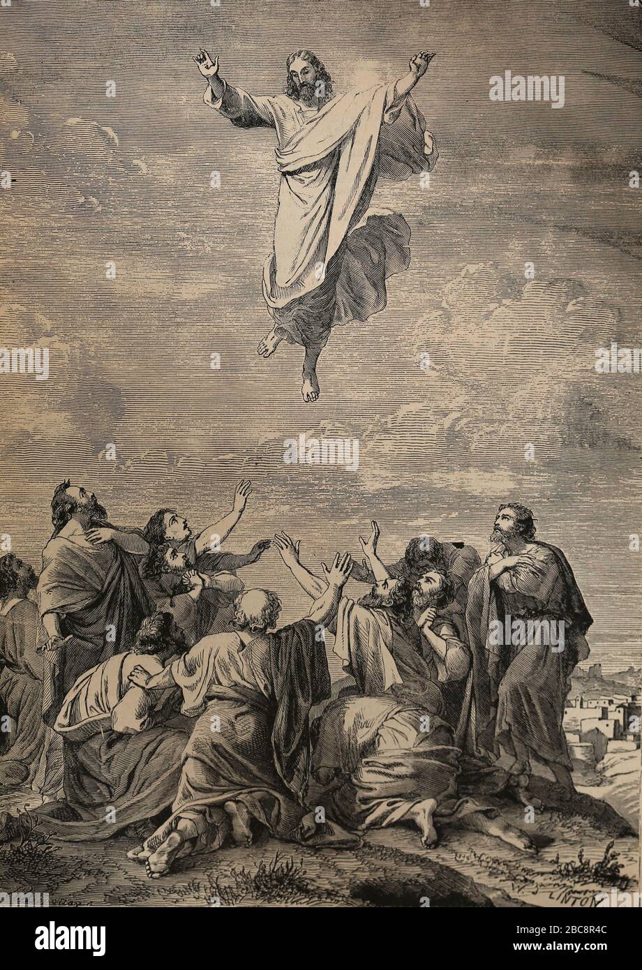 The Ascension of Jesus. Engraving. Holy Bible, 19th century. Stock Photo