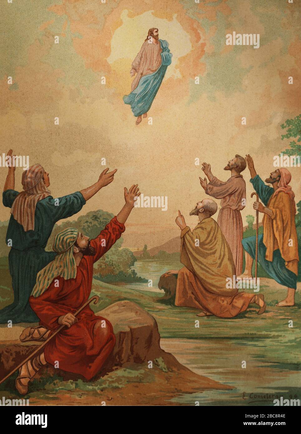 The Ascension of Jesus. Lithography, Holy Bible, 19th century. Stock Photo