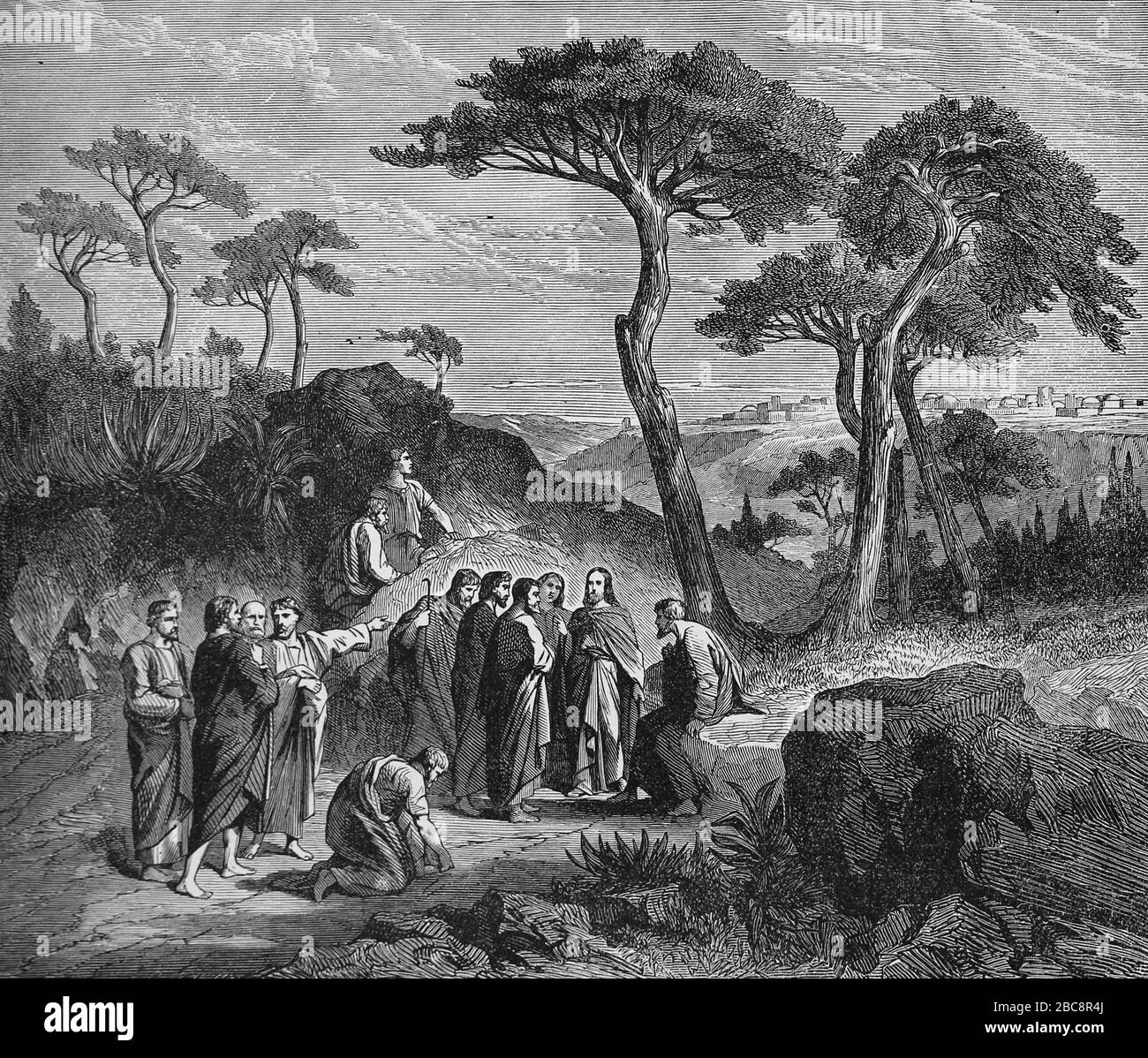 Jesus and his disciples heading to Jerusalem. Engraving. Holy Bible, 19th century. Stock Photo