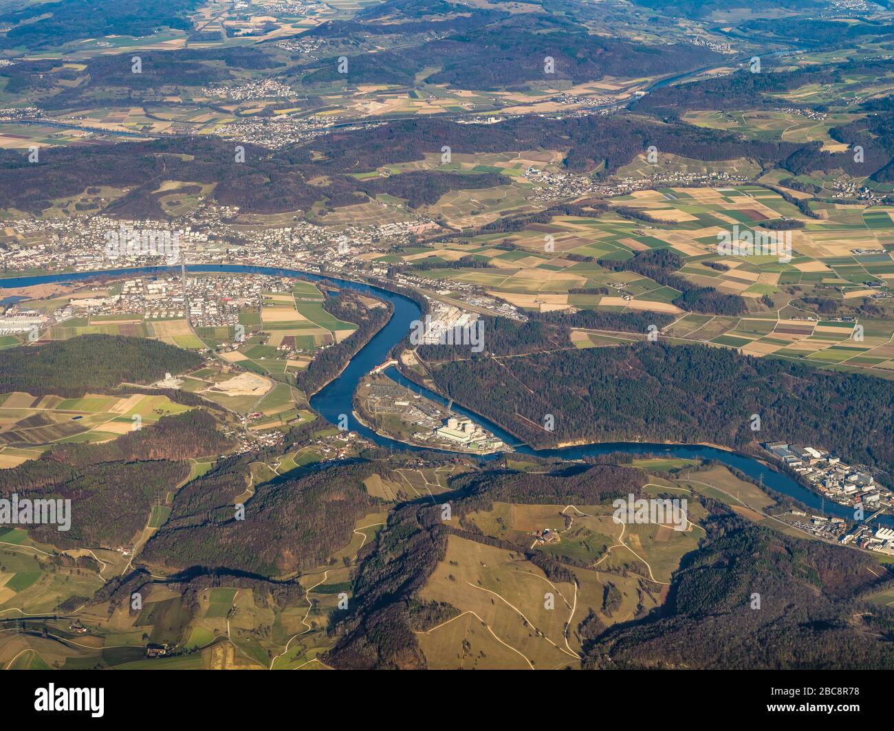 Aerial view, Aare with Beznau nuclear power plant Stock Photo