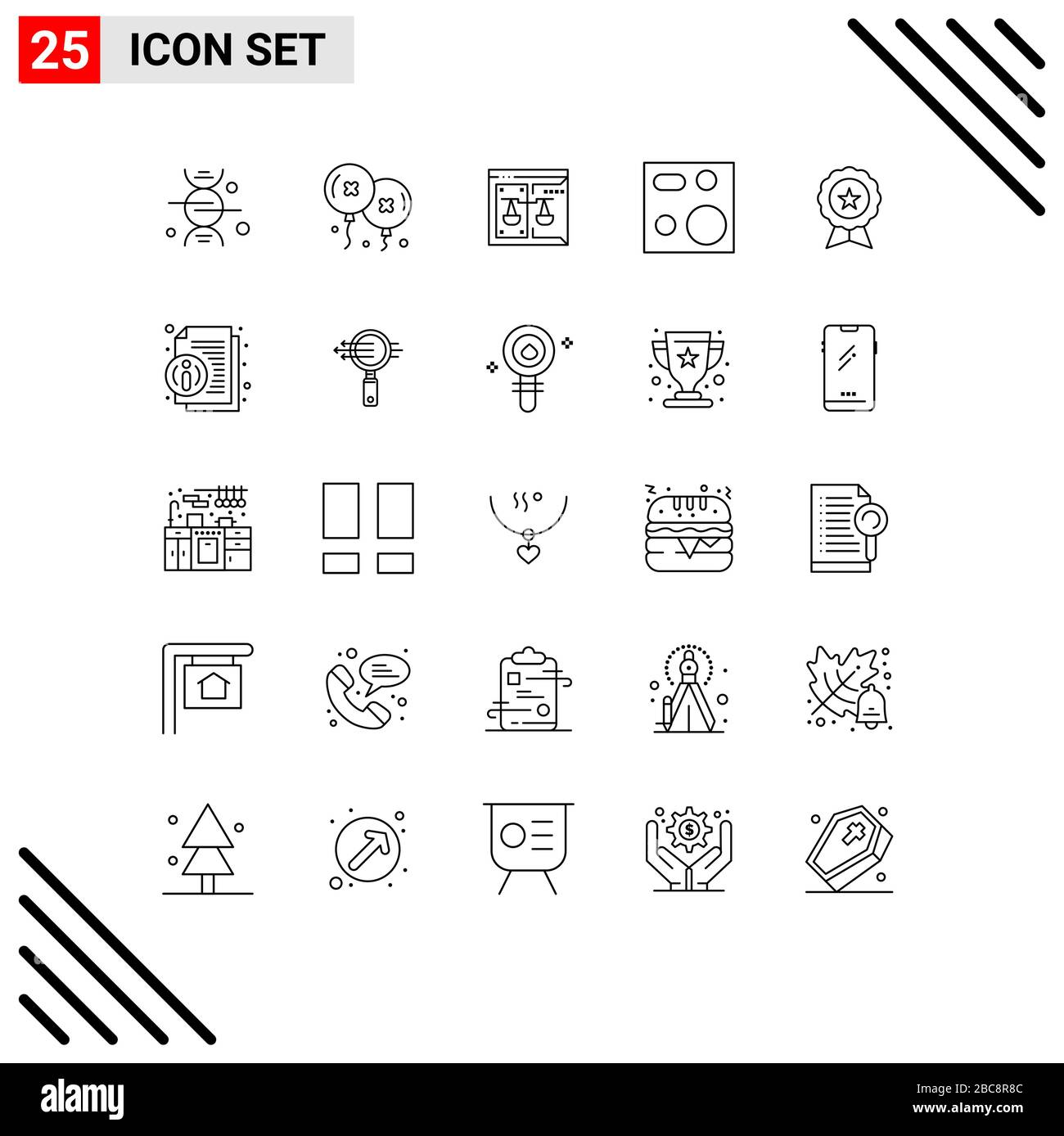 Pack of 25 Modern Lines Signs and Symbols for Web Print Media such as products, electronics, business, devices, law Editable Vector Design Elements Stock Vector