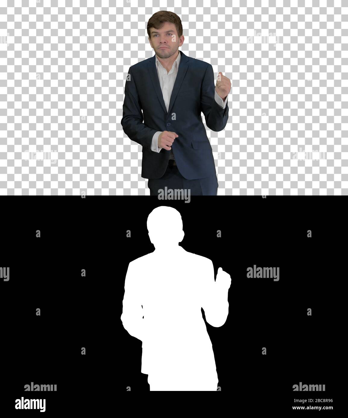 On Alpha Matte. Medium shot. Arrogant businessman in a suit dancing, Alpha Channel. Professional shot. Stock Photo
