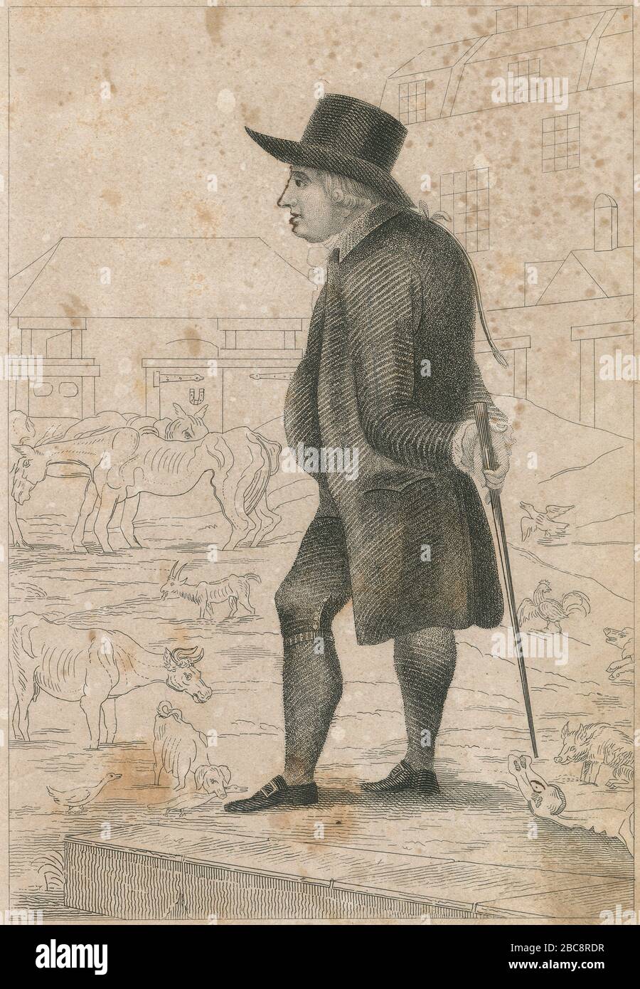 Antique engraving, “Baron d'Aguilar of Starvation Farm.” Ephraim Lópes Pereira d'Aguilar (1739-1802) was the second Baron d'Aguilar, a Barony of the Holy Roman Empire. His establishment at Colebrook Row, Islington, was popularly styled 'Starvation Farm', because of the scanty food provided for the cattle. SOURCE: ORIGINAL ENGRAVING Stock Photo