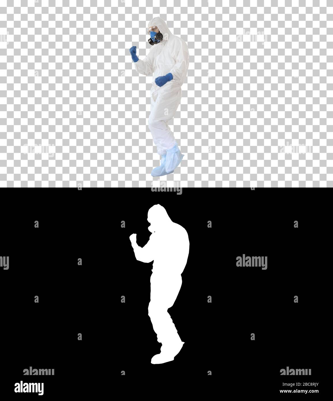Doctor in hazard clothes making several win gestures, Alpha Chan Stock Photo