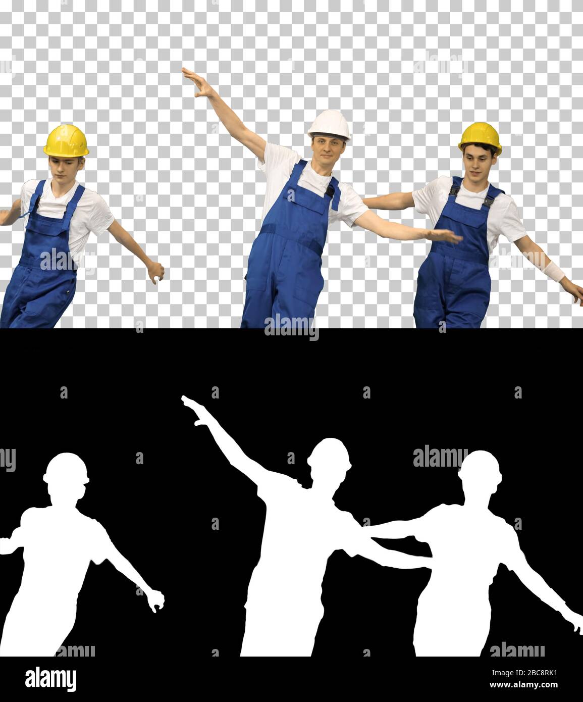 On Alpha Matte. Medium shot. Three dancing construction workers in hard hats, Alpha Channel. Professional shot. Stock Photo