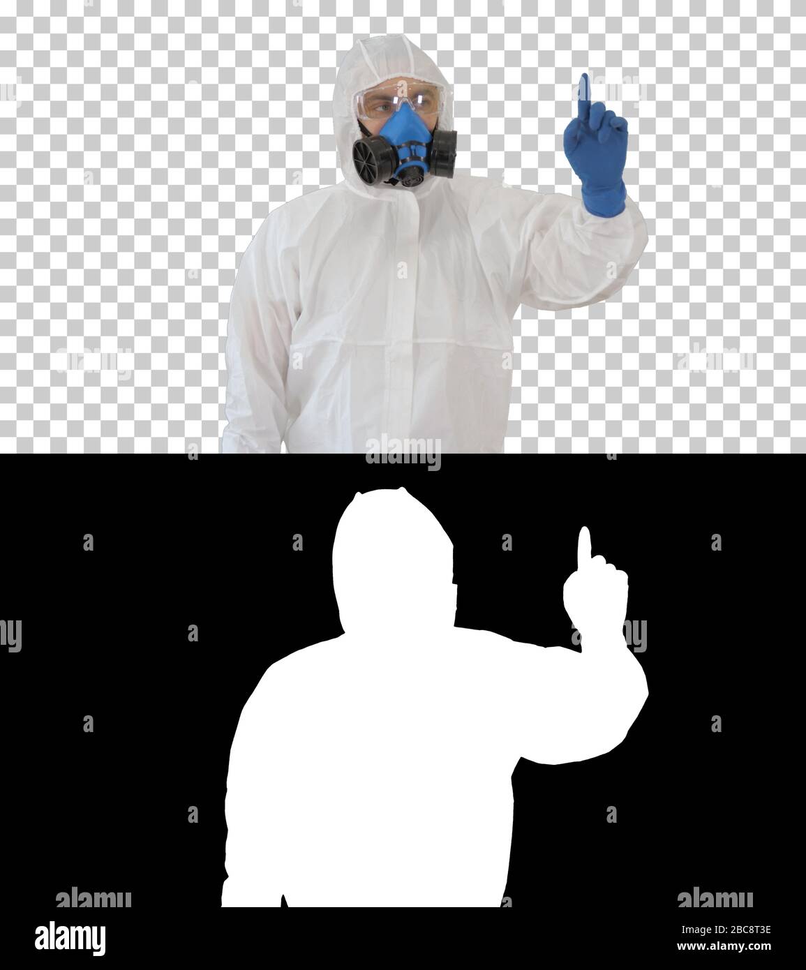 Male doctor in protective clothes pointing to sides presenting r Stock Photo