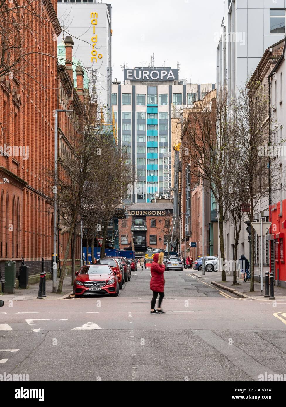 Belfast, Northern Ireland, UK - February 8, The Europa Hotel viewed along Franklin Street Stock Photo