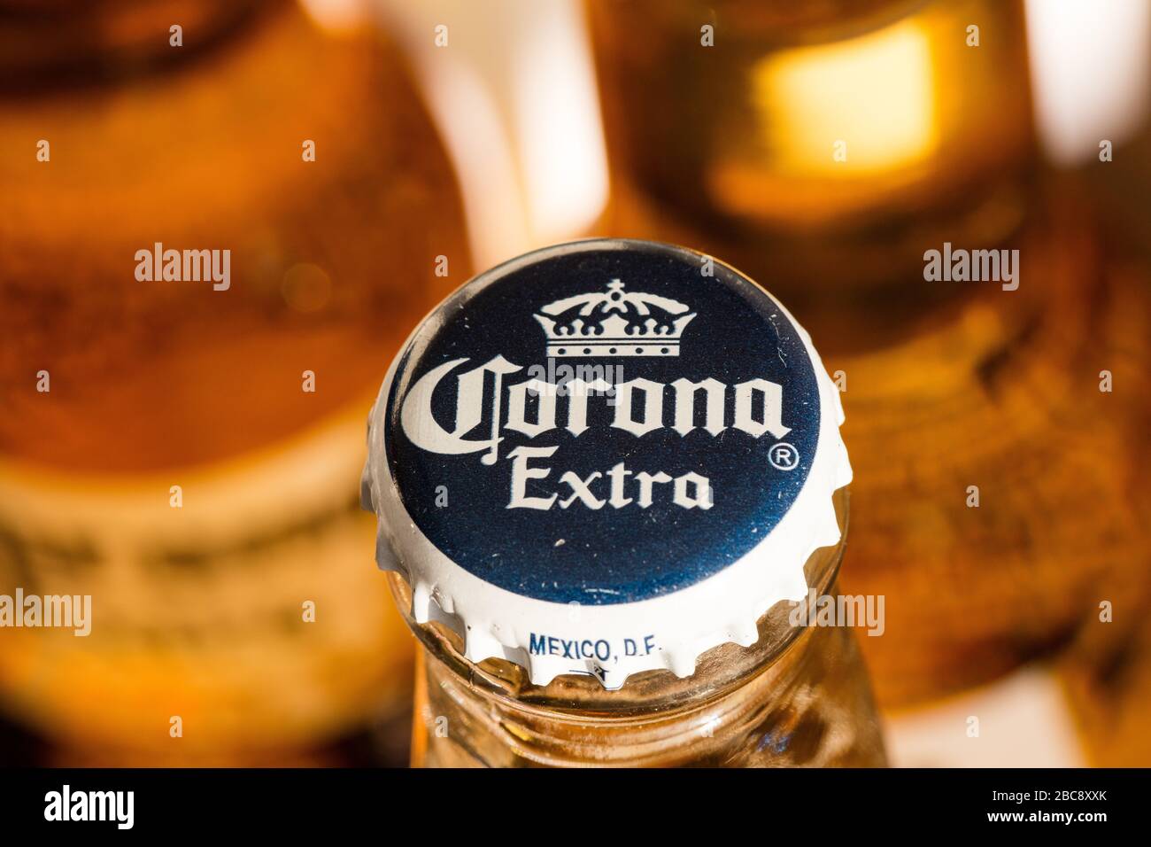 Corona Extra beer bottles. Production has stopped due to the Coronavirus pandemic. Stock Photo