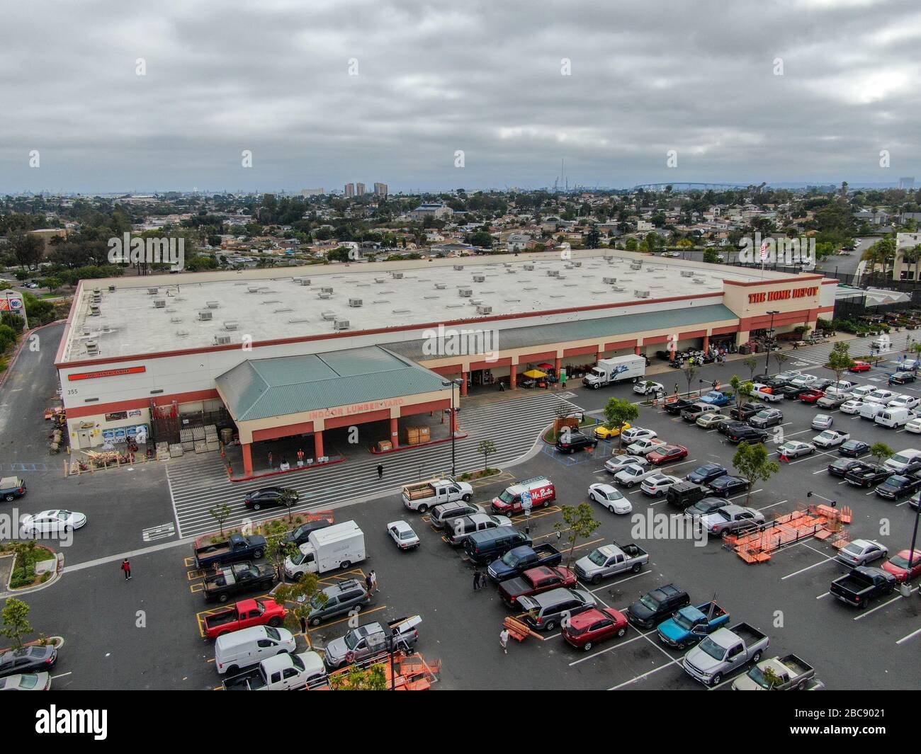 Aerial view of The Home Depot store and parking lot in San Diego