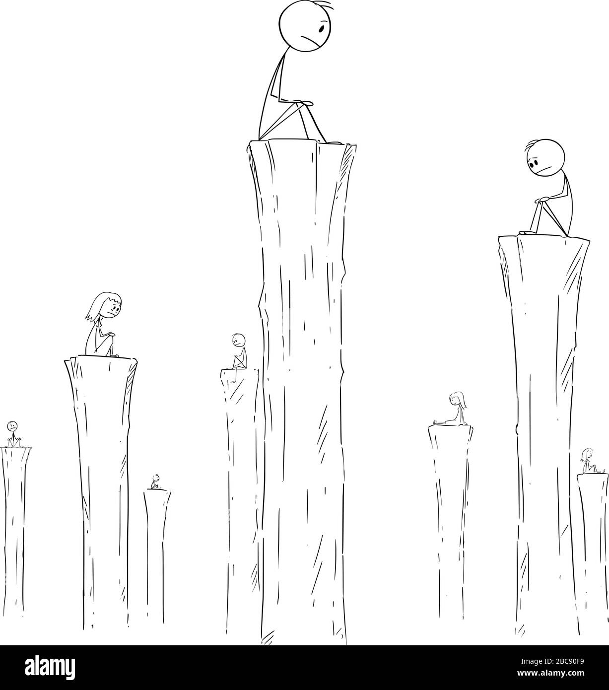 Vector cartoon stick figure drawing conceptual illustration of people sitting alone on high columns. Concept of loneliness, solitude or solitariness. Stock Vector