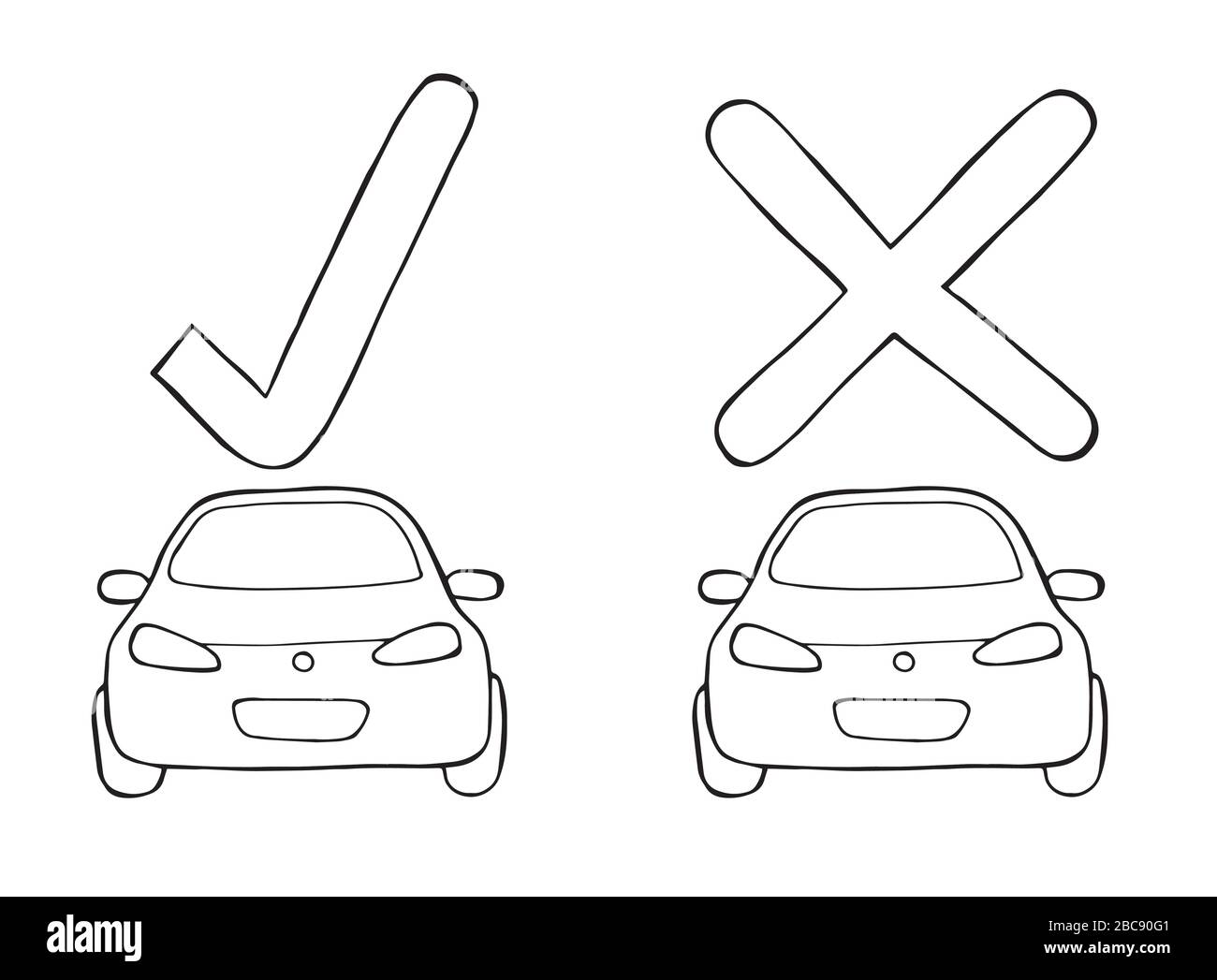 Vector cars with check mark and x mark. Hand drawn illustration. Black ...