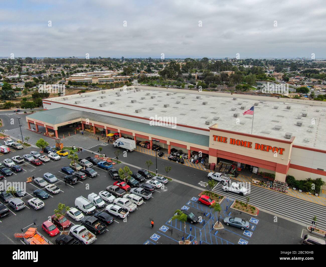 Aerial view of The Home Depot store and parking lot in San Diego