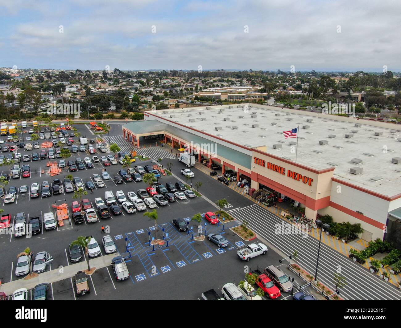 Aerial view of The Home Depot store and parking lot in San Diego
