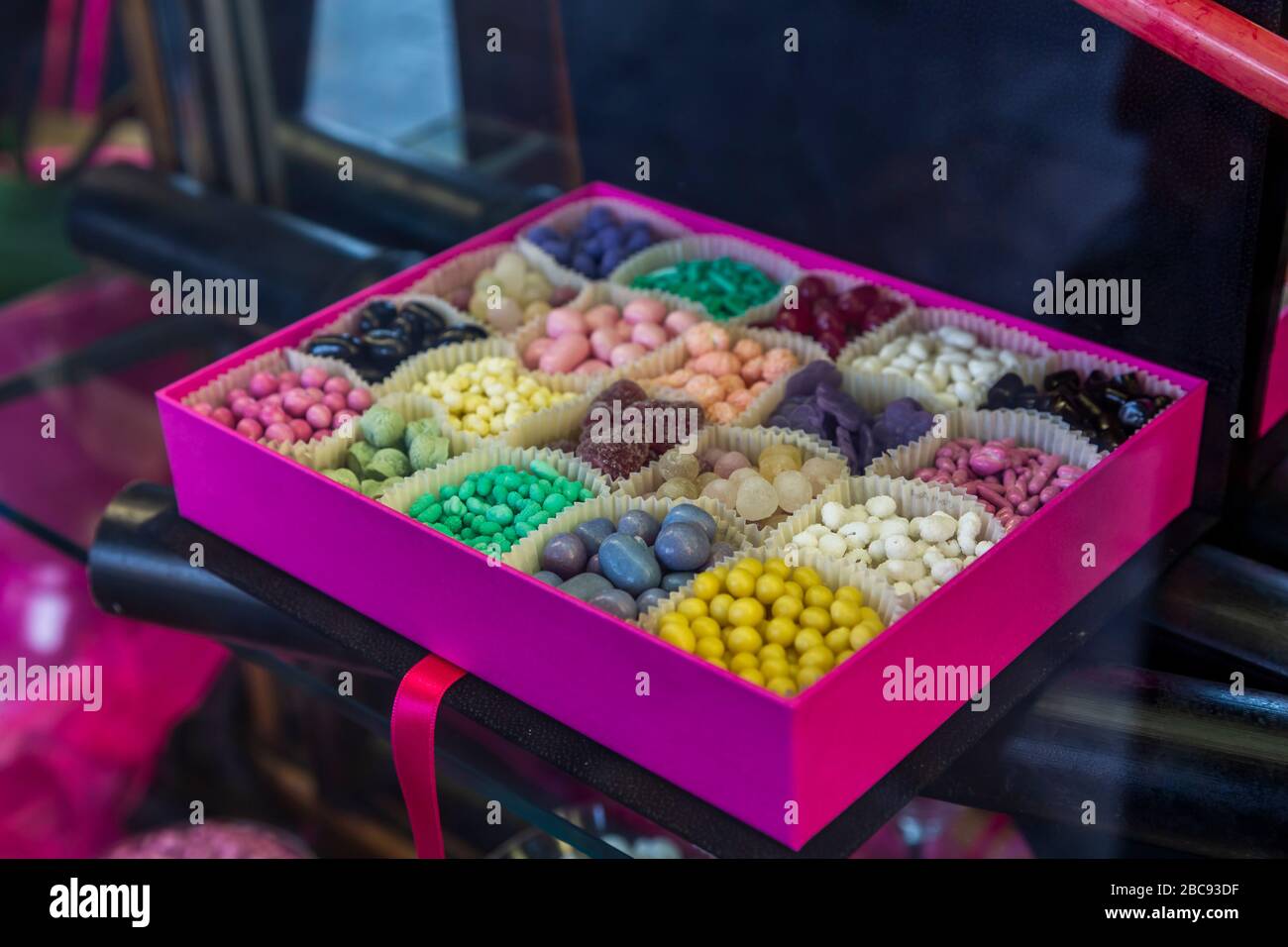 Box of local sweets in Sweet Shop window near San Carlo Square, Turin, Piedmont, Italy, Europe Stock Photo