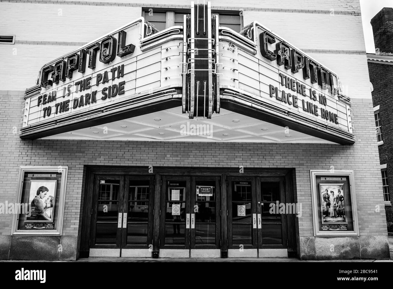 Movie theater (Capitol Theatre) in Montpelier, VT, USA, closed due to COVID-19 virus, displays hopeful movie quotes on marquee. Stock Photo