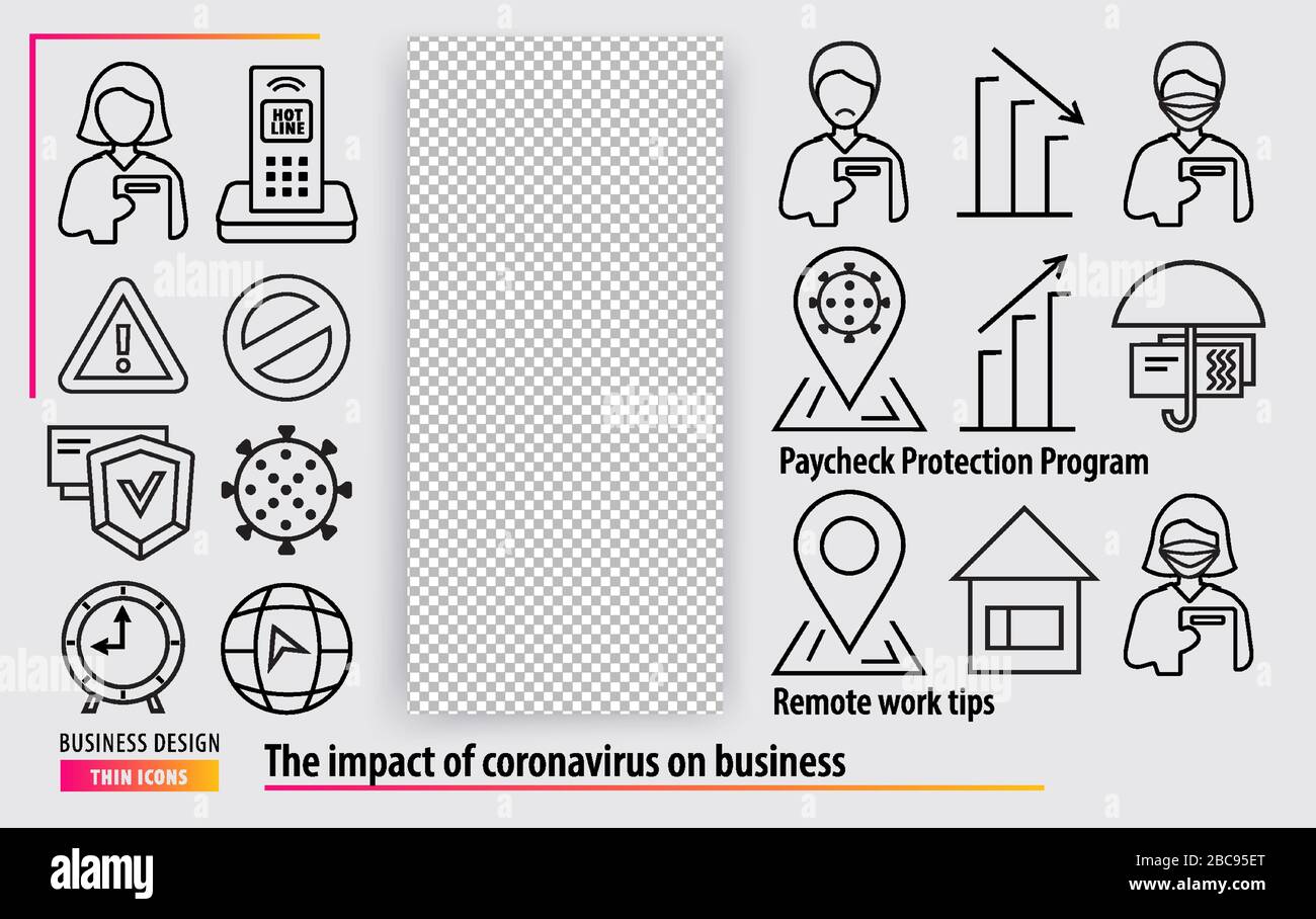 Line black icons. Business support during the coronavirus epidemic. Remote work tips. Paycheck protection program Stock Vector