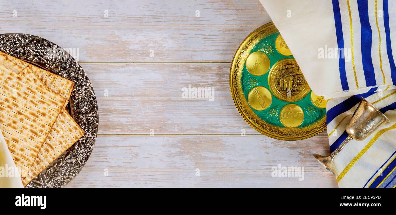 Passover jewish holiday celebration matzah, kiddush and seder with text