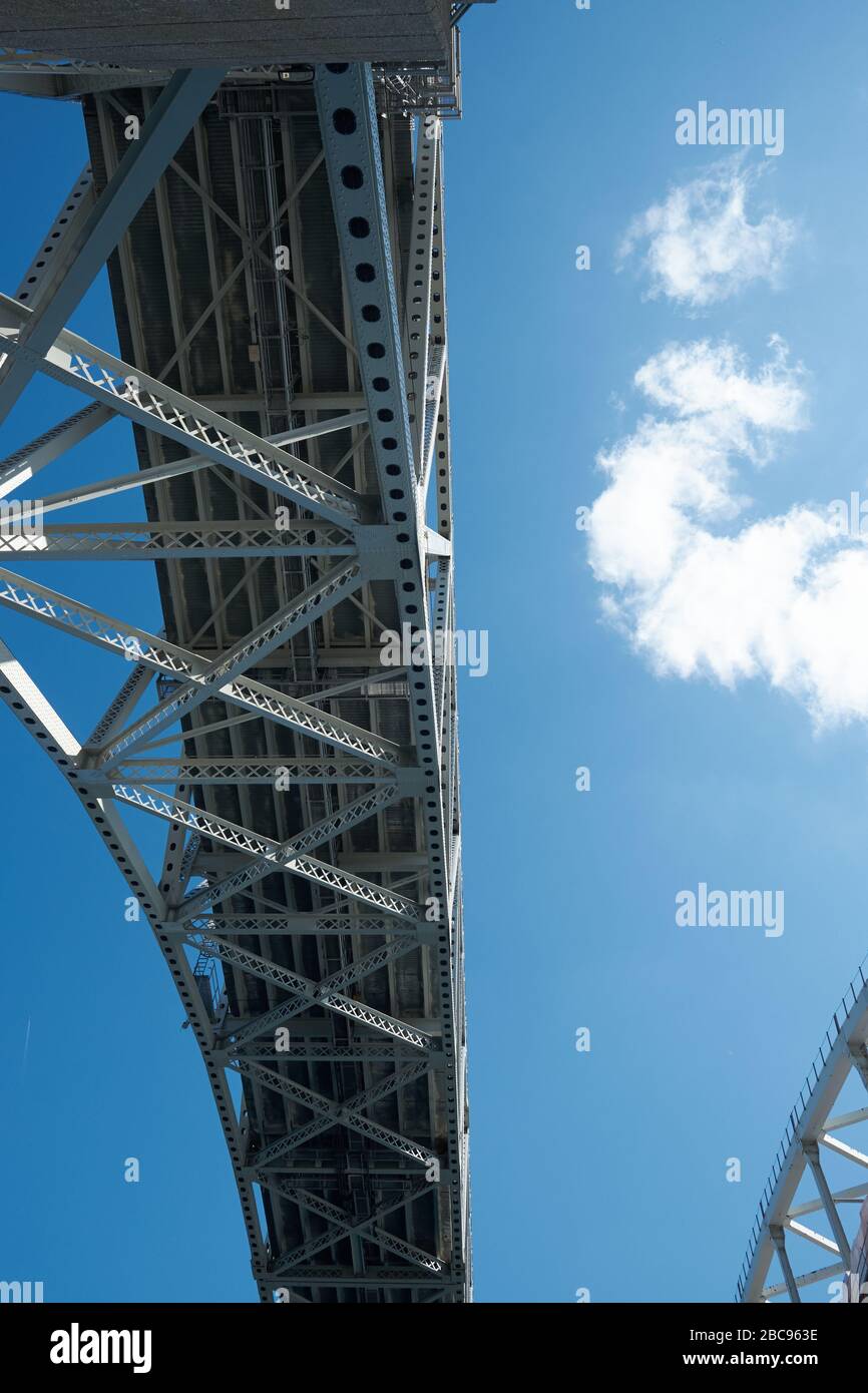 International Blue Water Bridge in Port huron Michigan and Sarnia, Ontario seen from underneath Stock Photo