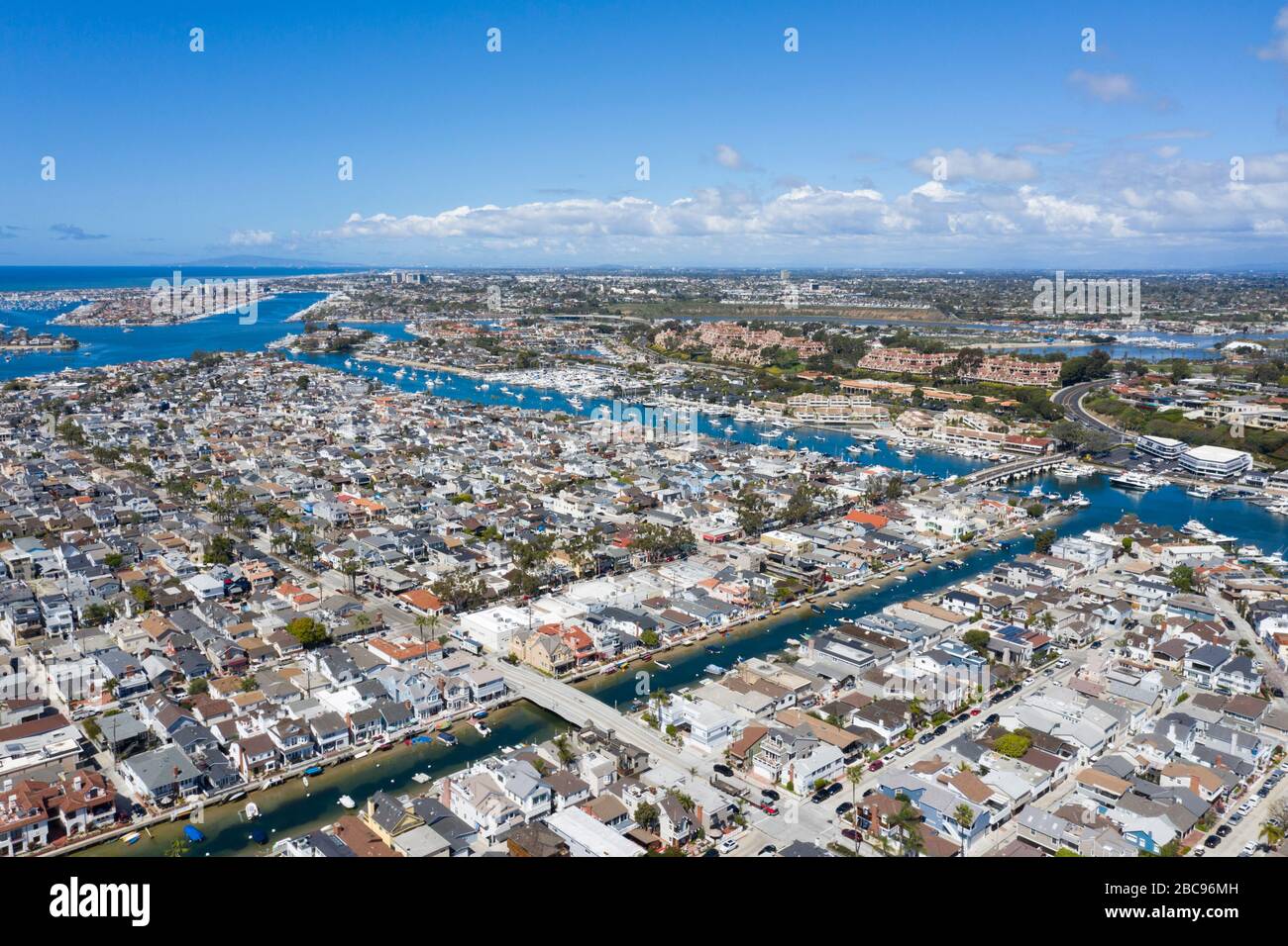 Aerial views above Newport Beach on a clear day in Orange County, California Stock Photo