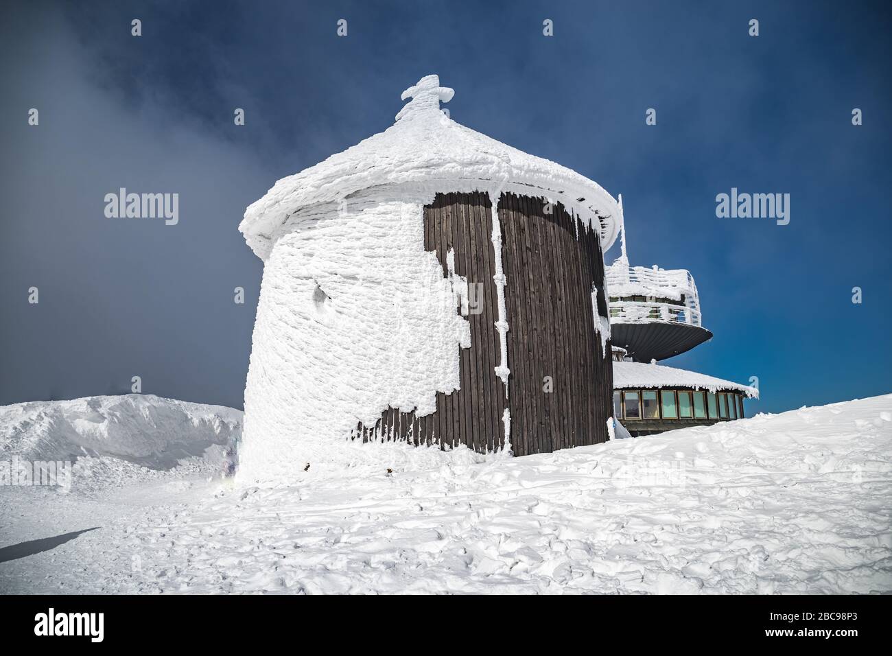 Chapel Lawrence on the top of mountain Snezka as called in czech - Kaple sv. Vavrince. Highes mountain of Czech Republic Stock Photo