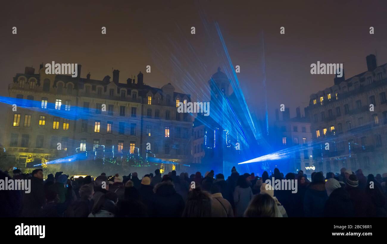 Fête des lumières in Lyon on the Place des Jacobinst, the tradition began in 1852 in honor of the Virgin Mary Stock Photo