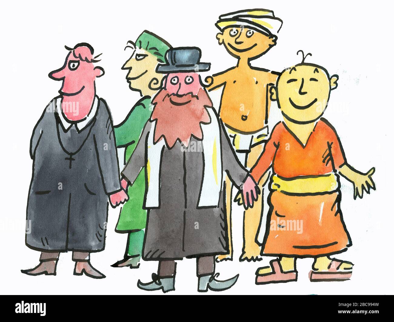 A group with Christians, Jews, Muslims, Hindus and Buddhists are a friendly group Stock Photo