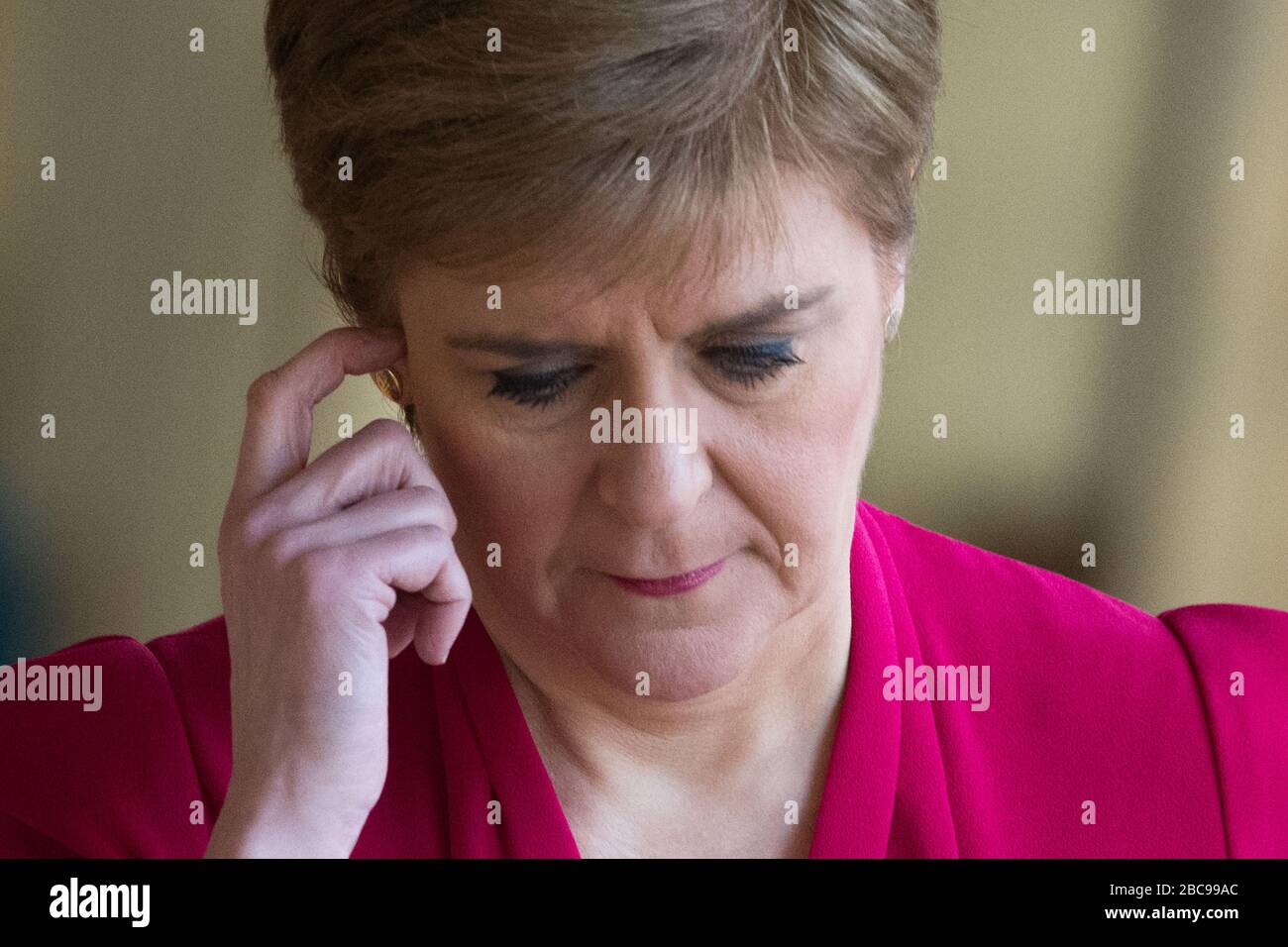 Edinburgh, UK. 27 February 2020.   Pictured: Nicola Sturgeon MSP - First Minister of Scotland and Leader of the Scottish National Party.  Scenes from the Scottish Parliament in Holyrood, Edinburgh. Stock Photo