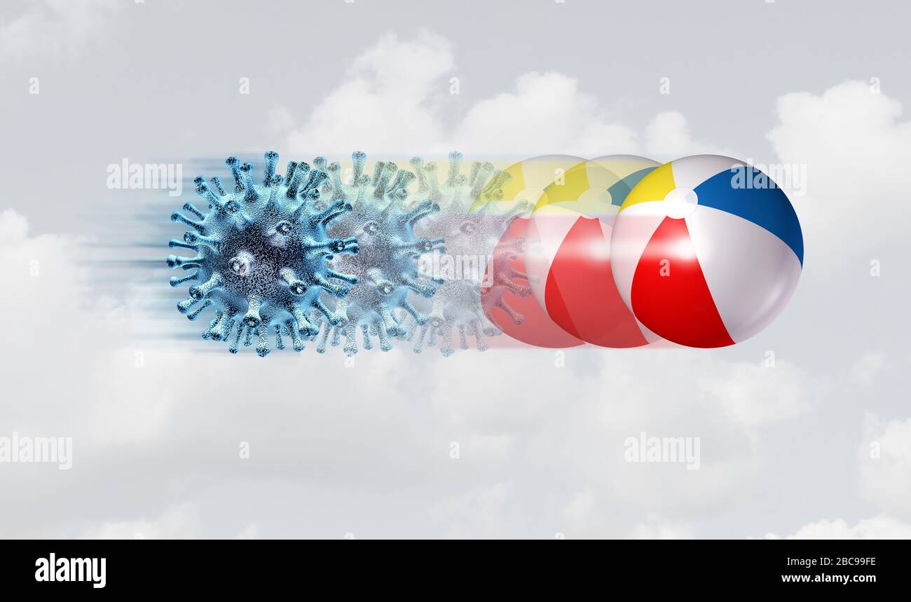 Summer virus pandemic recovery and effects of coronavirus outbreak during summertime activites as a disease cell pathogen turning into a beach ball. Stock Photo