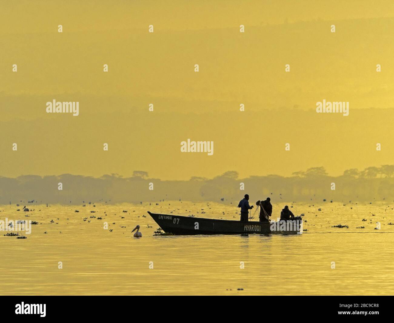 Fishermen in a boat on Lake Naivasha at dawn, Kenya Stock Photo