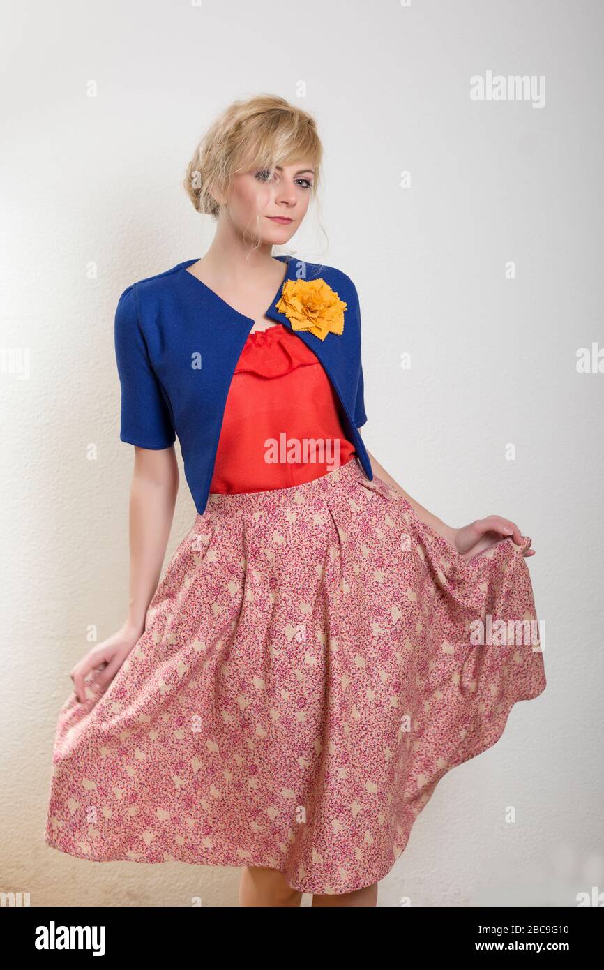 blue skirt and red top