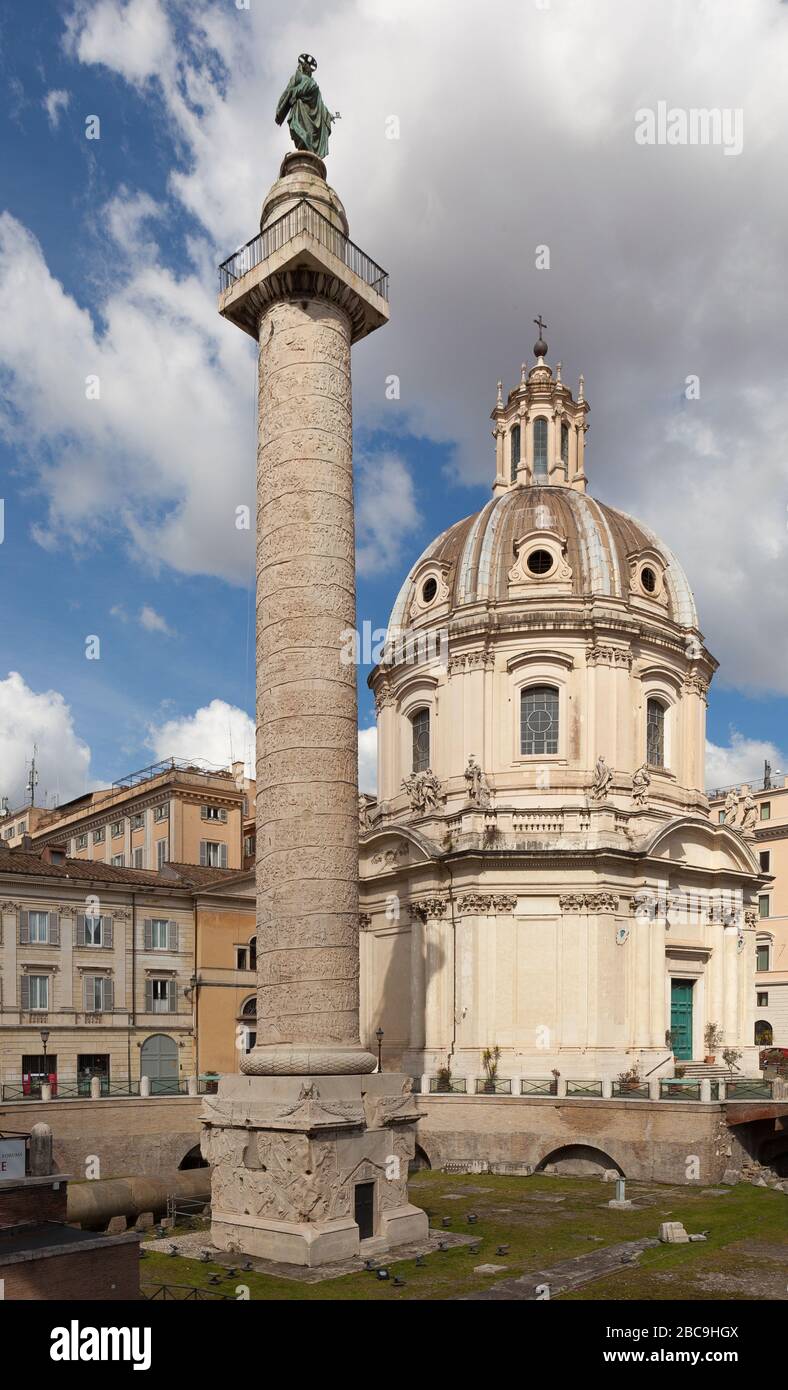 Trajan Column (Colonna Traiana). Roman triumphal column in Rome, Italy. Stock Photo