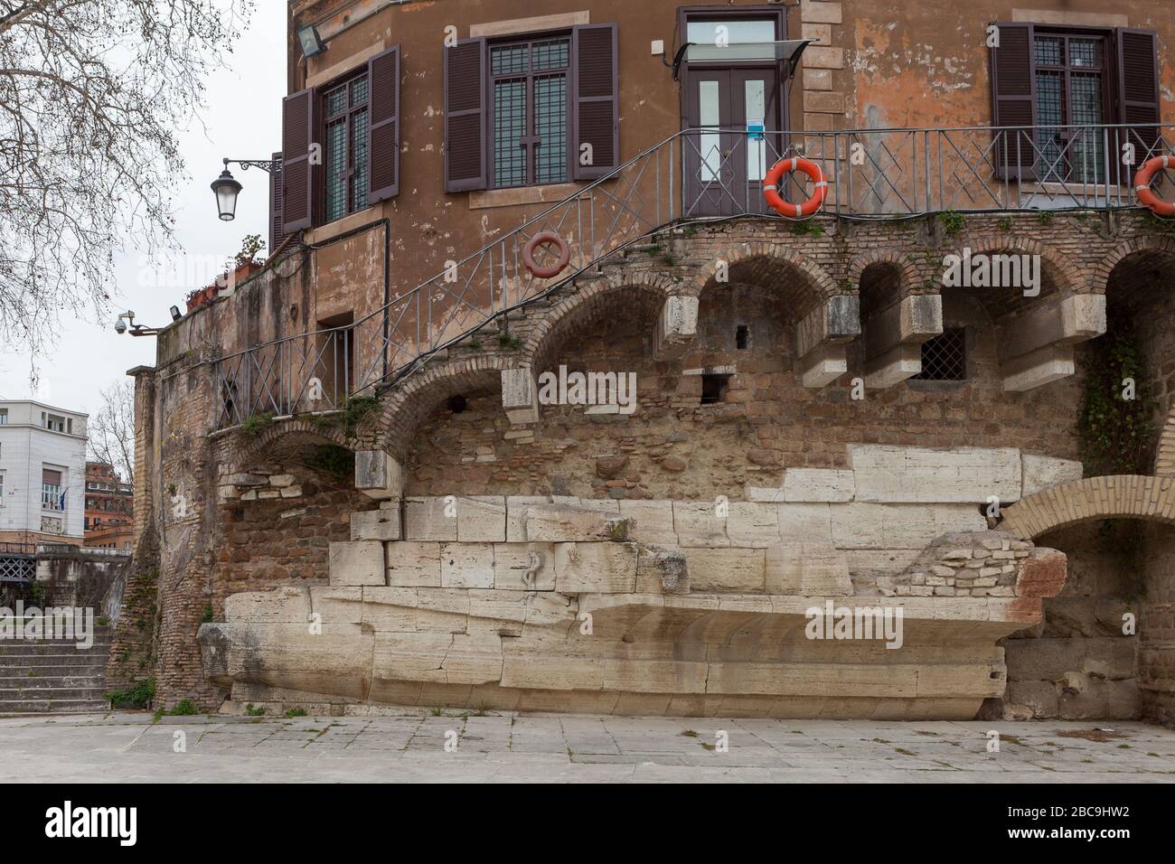 Ancient symbolic stone boat stern on the Tiber island. Rome, Italy Stock Photo