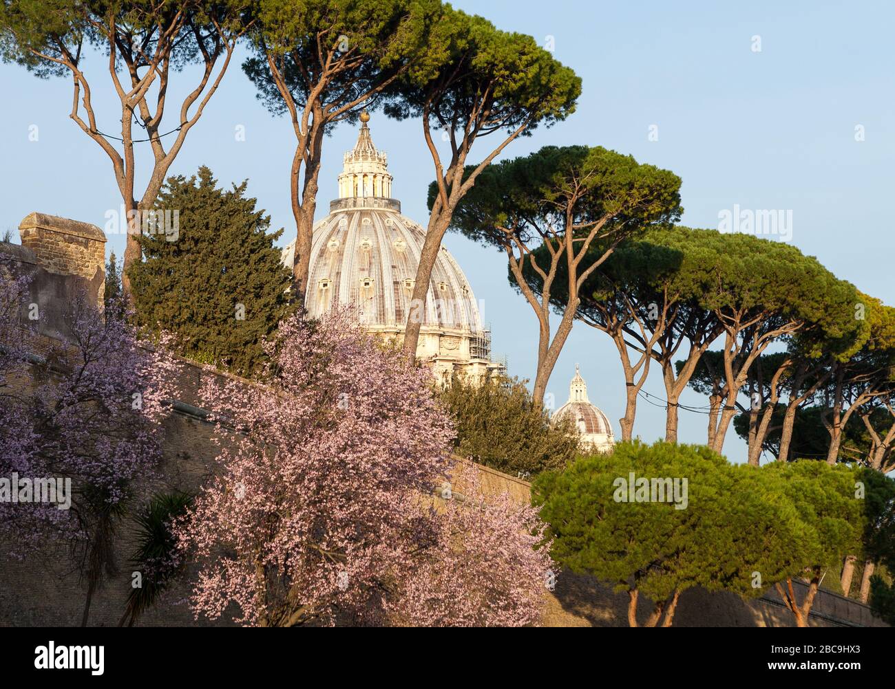 Walls of Vatican City and the dome of the Papal Basilica of St. Peter. Rome, Italy Stock Photo