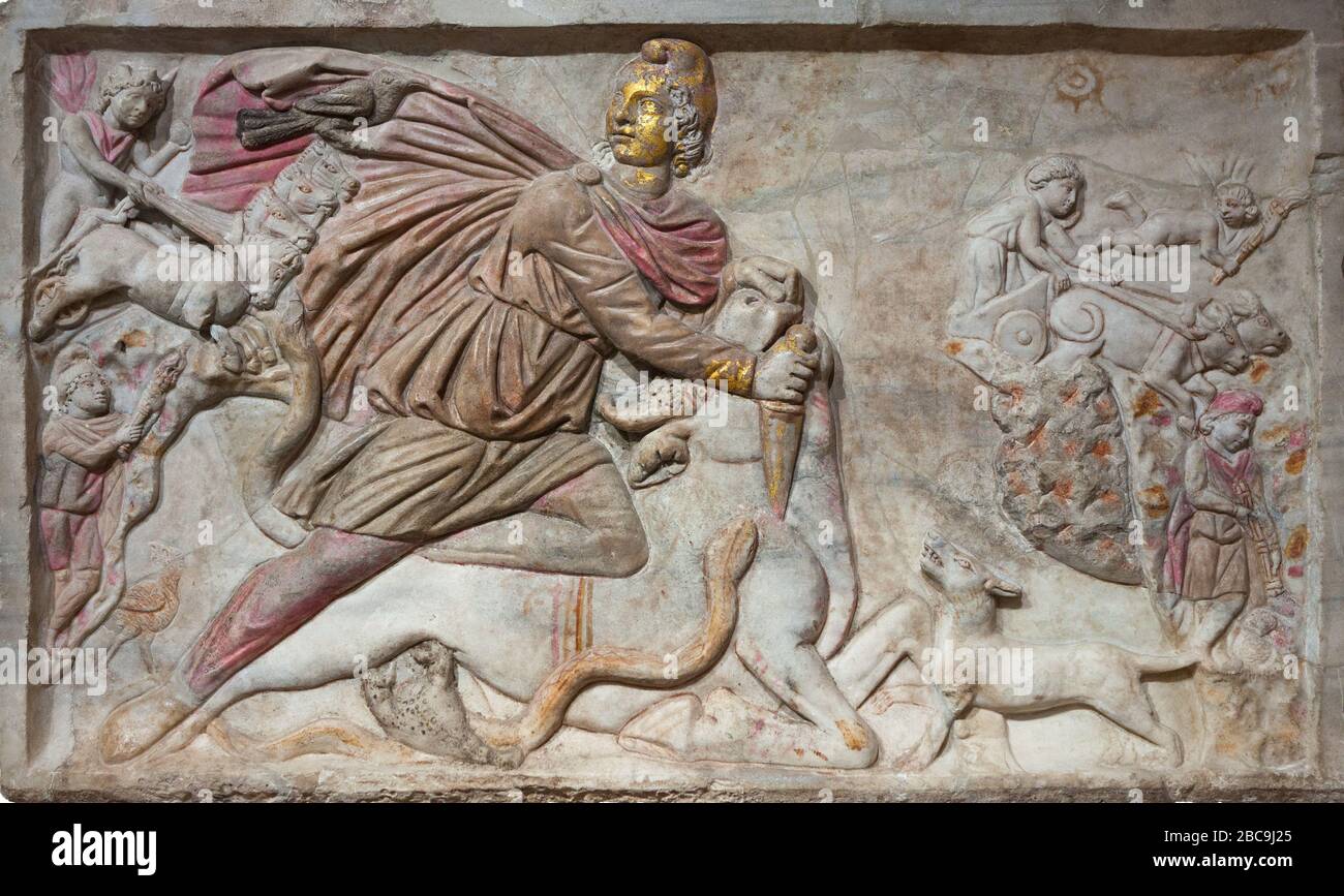 Large polychrome tauroctony relief, from the mithraeum of S. Stefano Rotondo. Rome, Italy Stock Photo