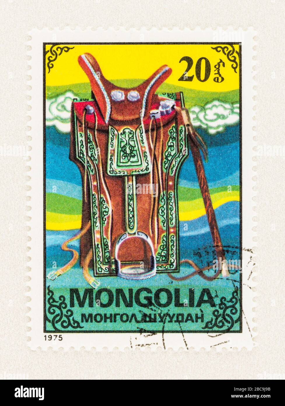 SEATTLE WASHINGTON - April 2, 2020: Close up of Mongolia stamp featuring traditional saddle, commemorating craftsmanship of Mongolians. Scott # 866. Stock Photo