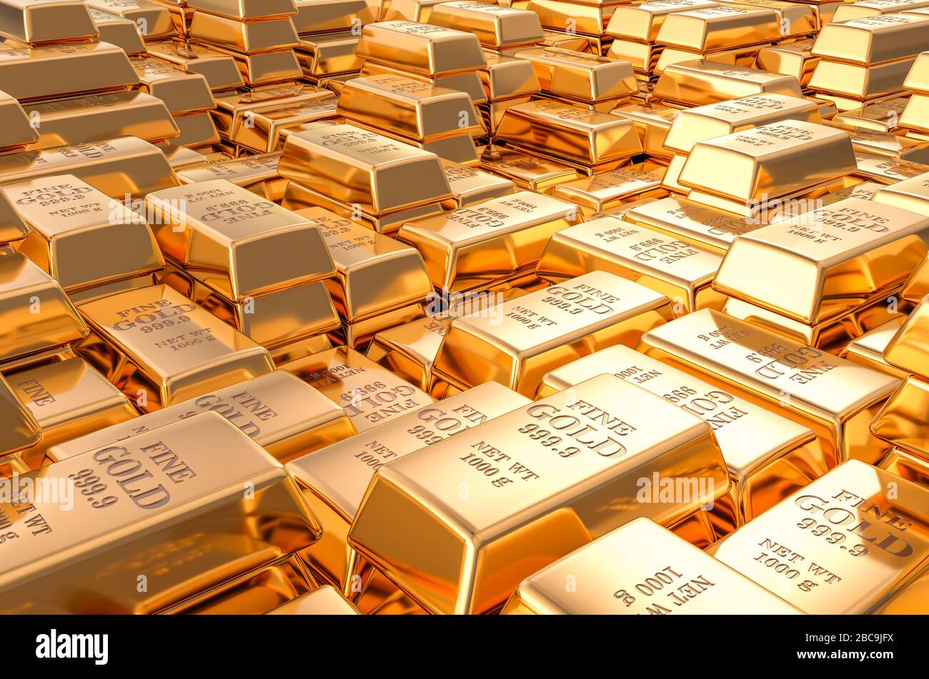Gold ingots, bars background. 3D rendering Stock Photo