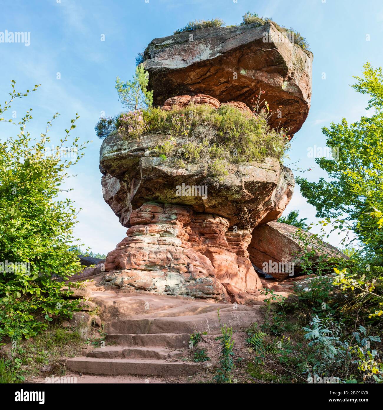 Devil's table near Hinterweidenthal in Wasgau, Palatinate highlands, natural wonder made of colored sandstone, created by erosion, north side Stock Photo