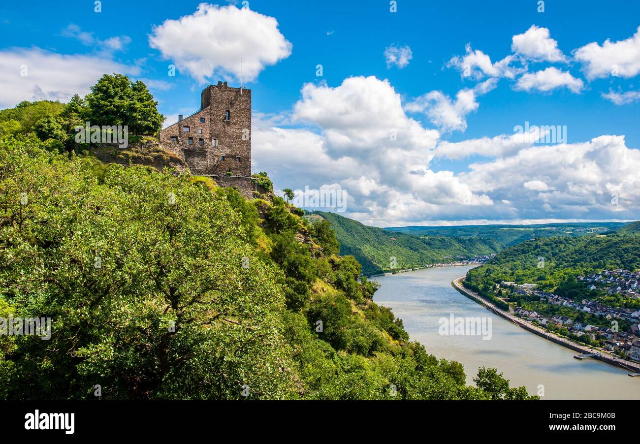 Liebenstein Castle near Kamp-Bornhofen on the Middle Rhine, houses a hotel and a restaurant, one of the two 'enemy brothers', part of the 'Unesco Worl Stock Photo