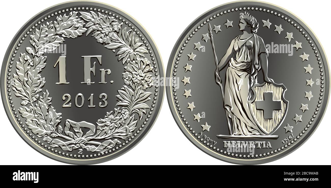 1 Swiss franc coin, reverse 1 Fr in wreath of oak leaves and gentian, obverse Helvetia shown standing and stars, official coin in Switzerland Stock Vector