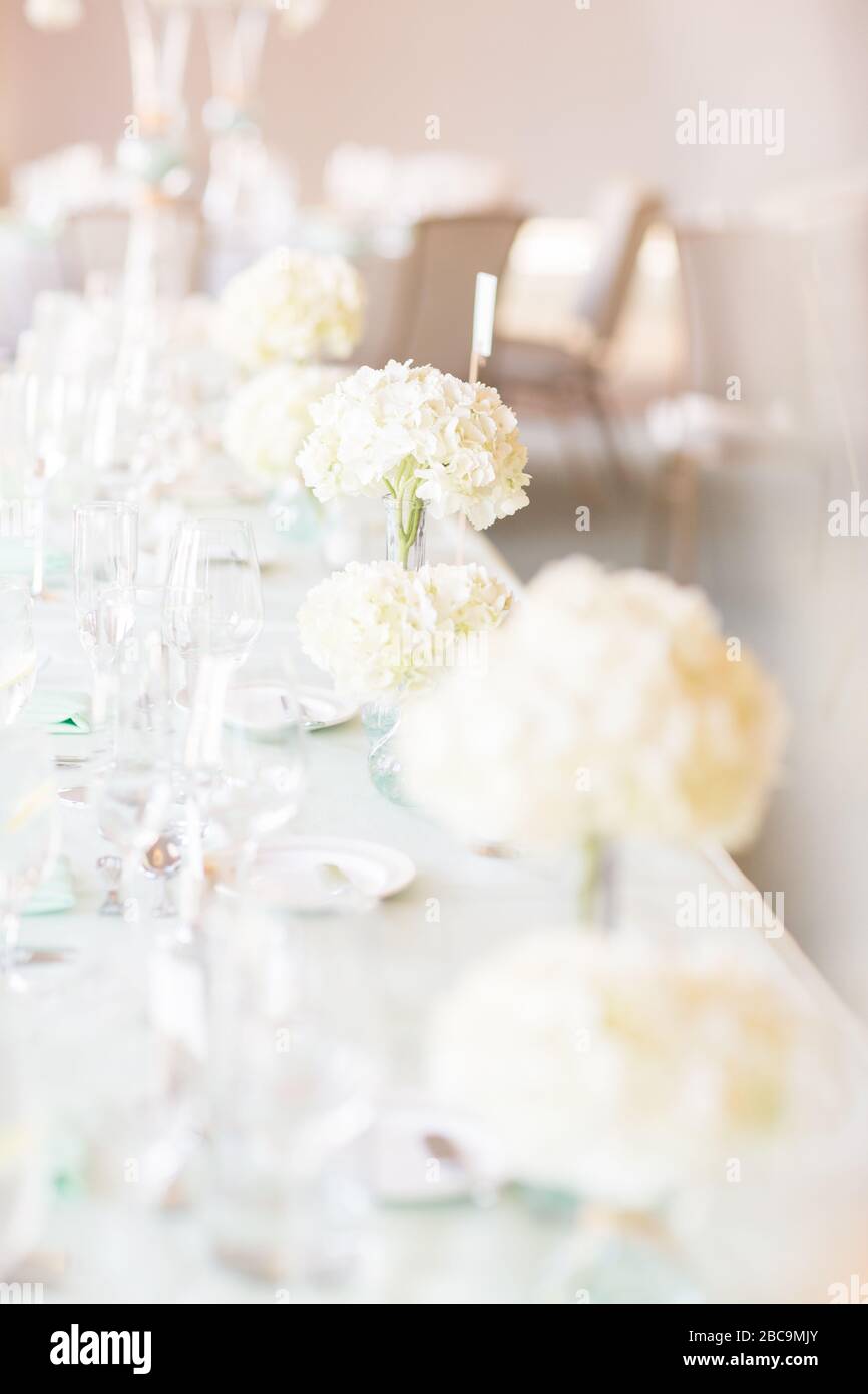 Wedding table decor in all white with flowers and candles Stock Photo ...