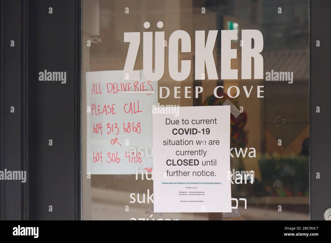 Deep Cove, North Vancouver, Canada - April 1, 2020: View of Zucker Treats Store  which have been closed due to COVID-19(coronavirus) Stock Photo