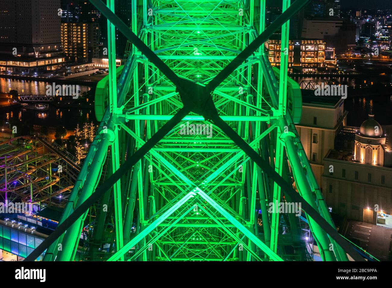 On board of a  passenger car of the  Cosmo Clock 21 ferris wheel in Yokohama, Japan Stock Photo