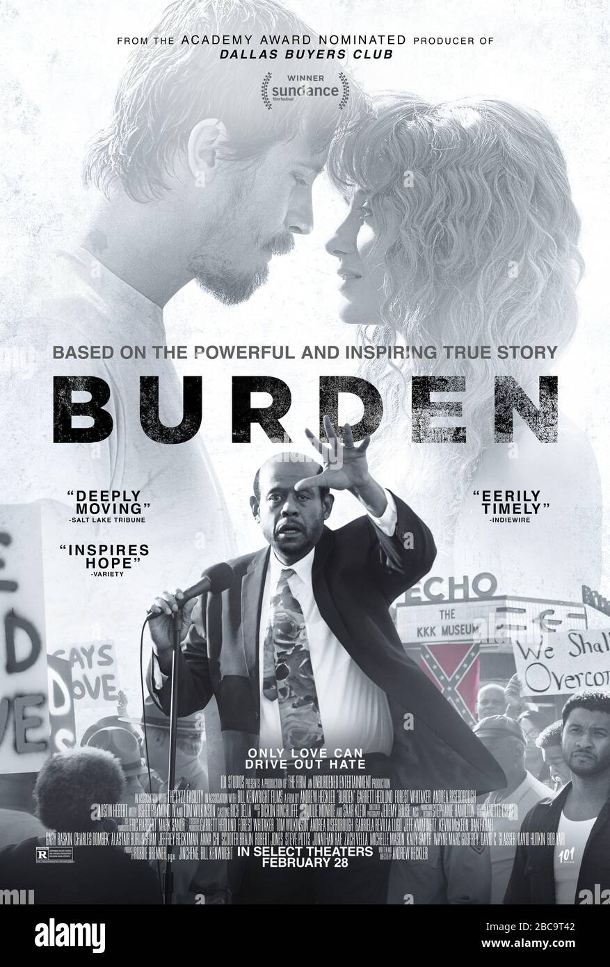 RELEASE DATE: February 28, 2020 TITLE: Burden STUDIO: Bill Kenwright Films DIRECTOR: Andrew Heckler PLOT: When a museum celebrating the Ku Klux Klan opens in a South Carolina town, the idealistic Reverend Kennedy strives to keep the peace even as he urges the group's Grand Dragon to disavow his racist past. STARRING: FOREST WHITAKER poster art. (Credit Image: © Bill Kenwright Films/Entertainment Pictures) Stock Photo